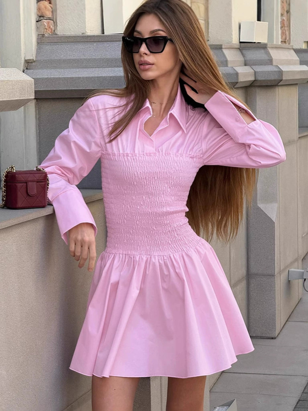 Forever 21 Pink Notch Collar Shirt Dress Office Long Sleeve Slim Fit A-Line Mini